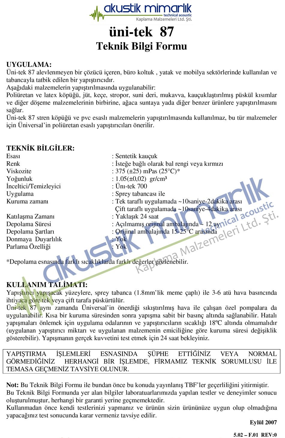 Akustik Sünger Yapıştırıcısı Teknik Bilgi Formu