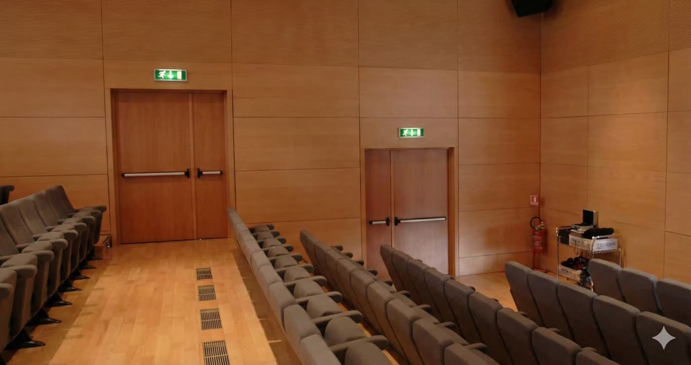 Bos konferans/salon alani, ahsap kaplamali iki cift kapi, koltuk siralari, tahliye isaretleri; genis acili, aydinlik, insan yok