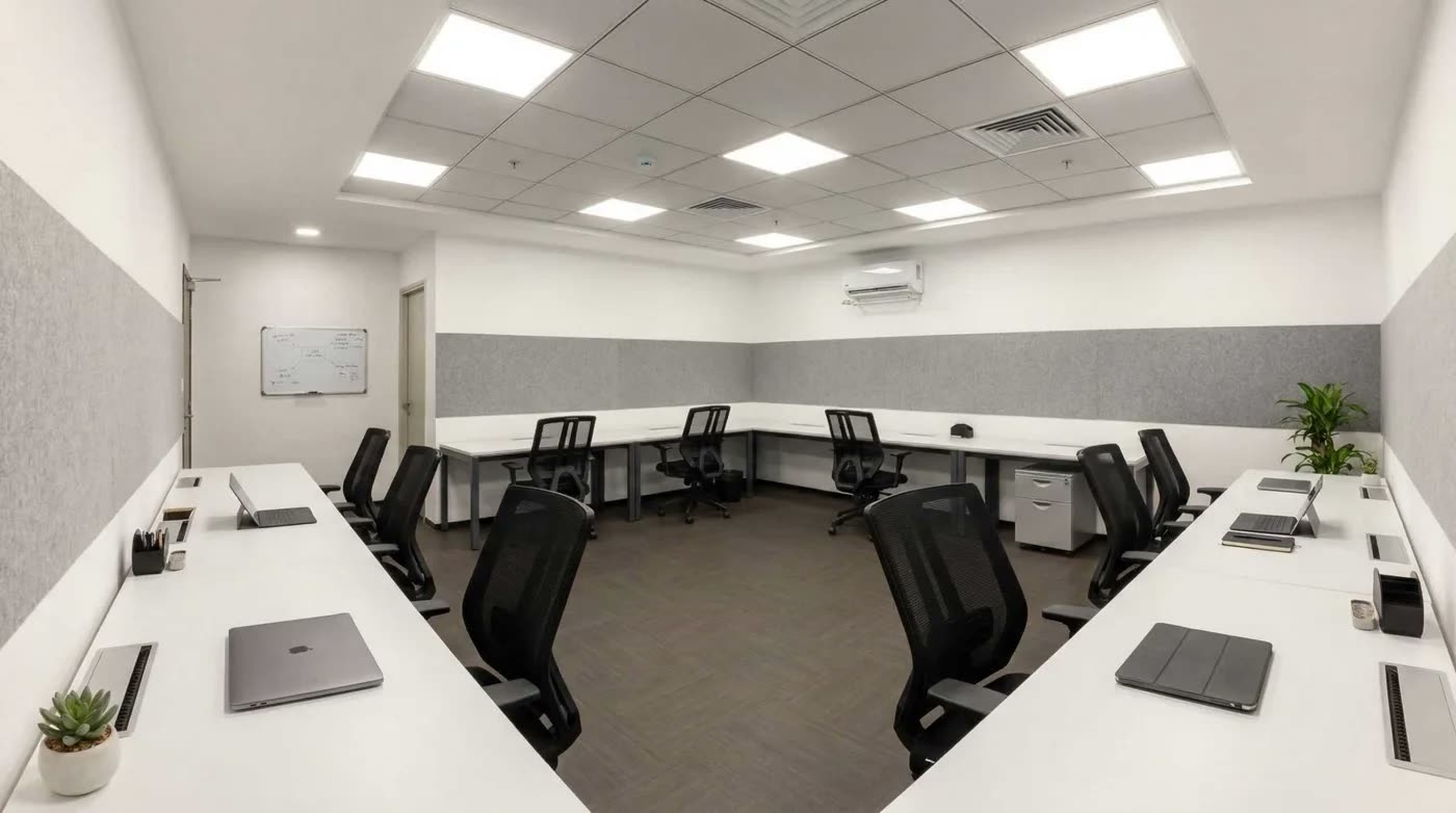 Ofis duvarinda ust seritte kurulu duz gri kece/akustik panel seridi, masalar ve sandalyelerle birlikte gercek ortam fotografi