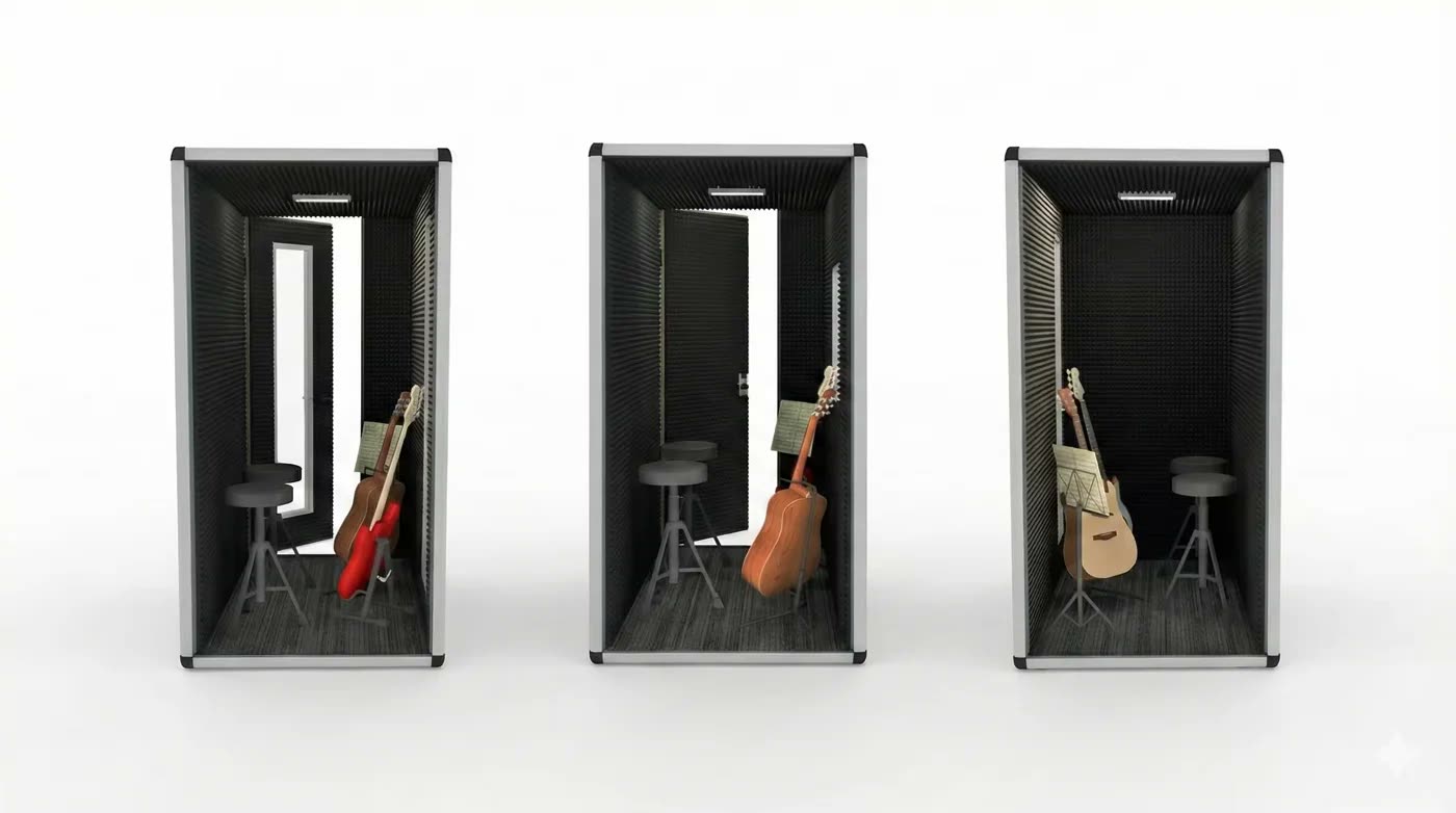 Üç adet siyah akustik köpük kaplı ses kabini, içlerinde gitarlar ve tabure, beyaz stüdyo zemininde