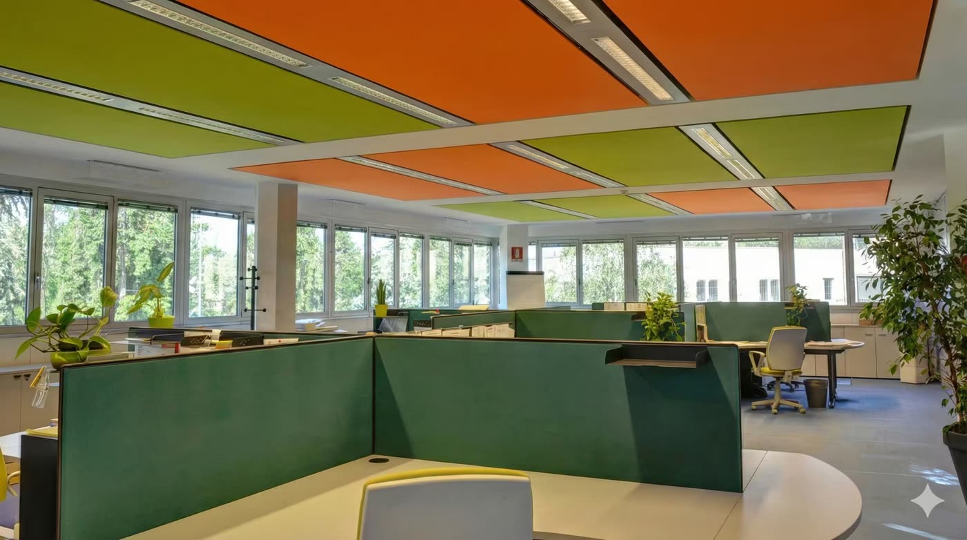 Acik ofis/cagri merkezi alaninda turuncu-yesil renkli akustik tavan bulutlari, bol pencereli aydinlik genis acili cekim, insan yok