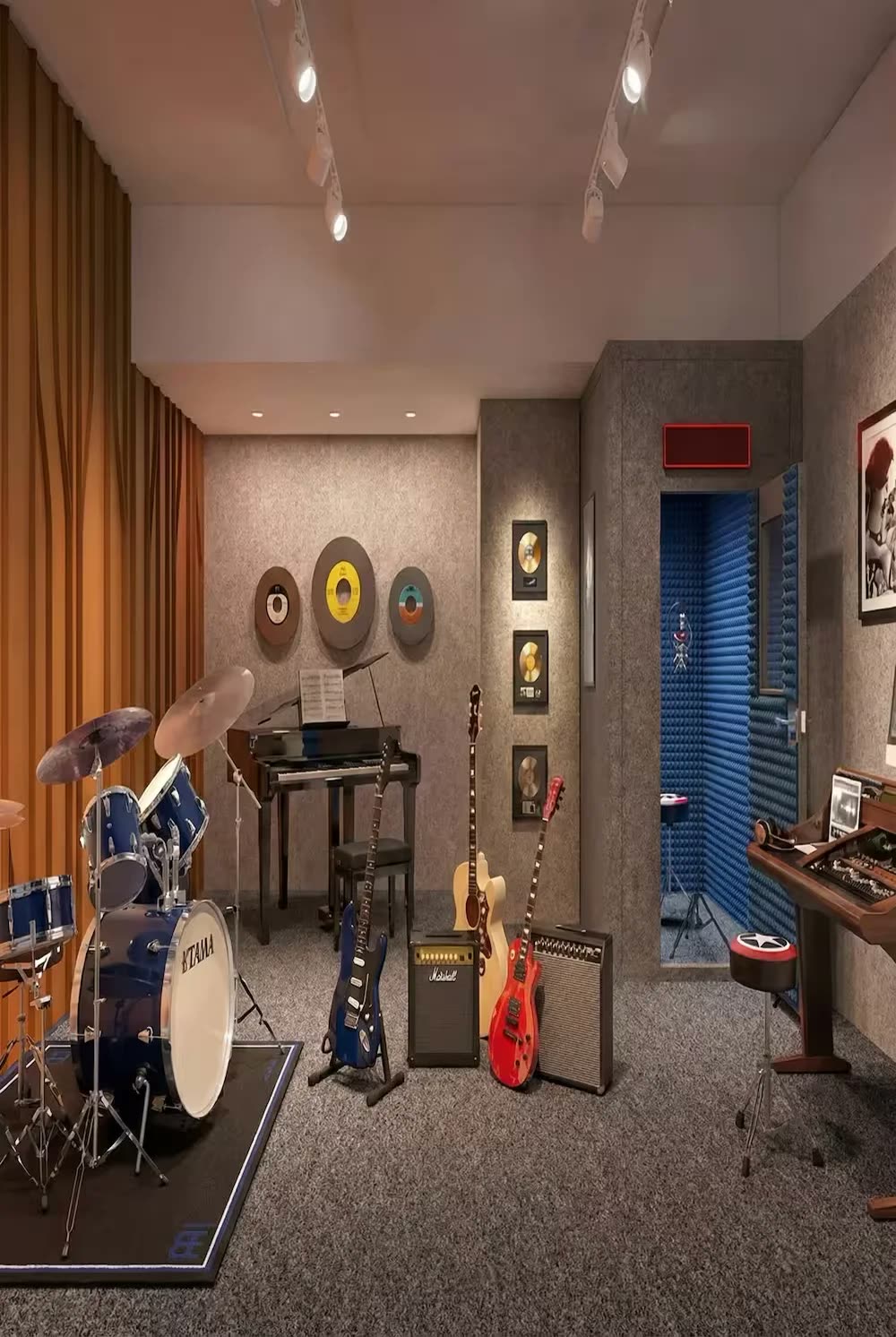 Bateri, birden fazla gitar, piyano, altın plaklar ve mavi akustik köpüklü izolasyon kabini bulunan prova/enstrüman odası (3D render)