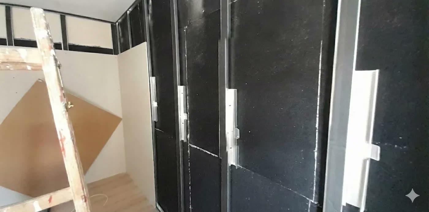 Gerçek şantiye fotoğrafı: duvara monte edilmiş siyah akustik ses yalıtım panelleri, profiller ve montaj ekipmanı görünüyor