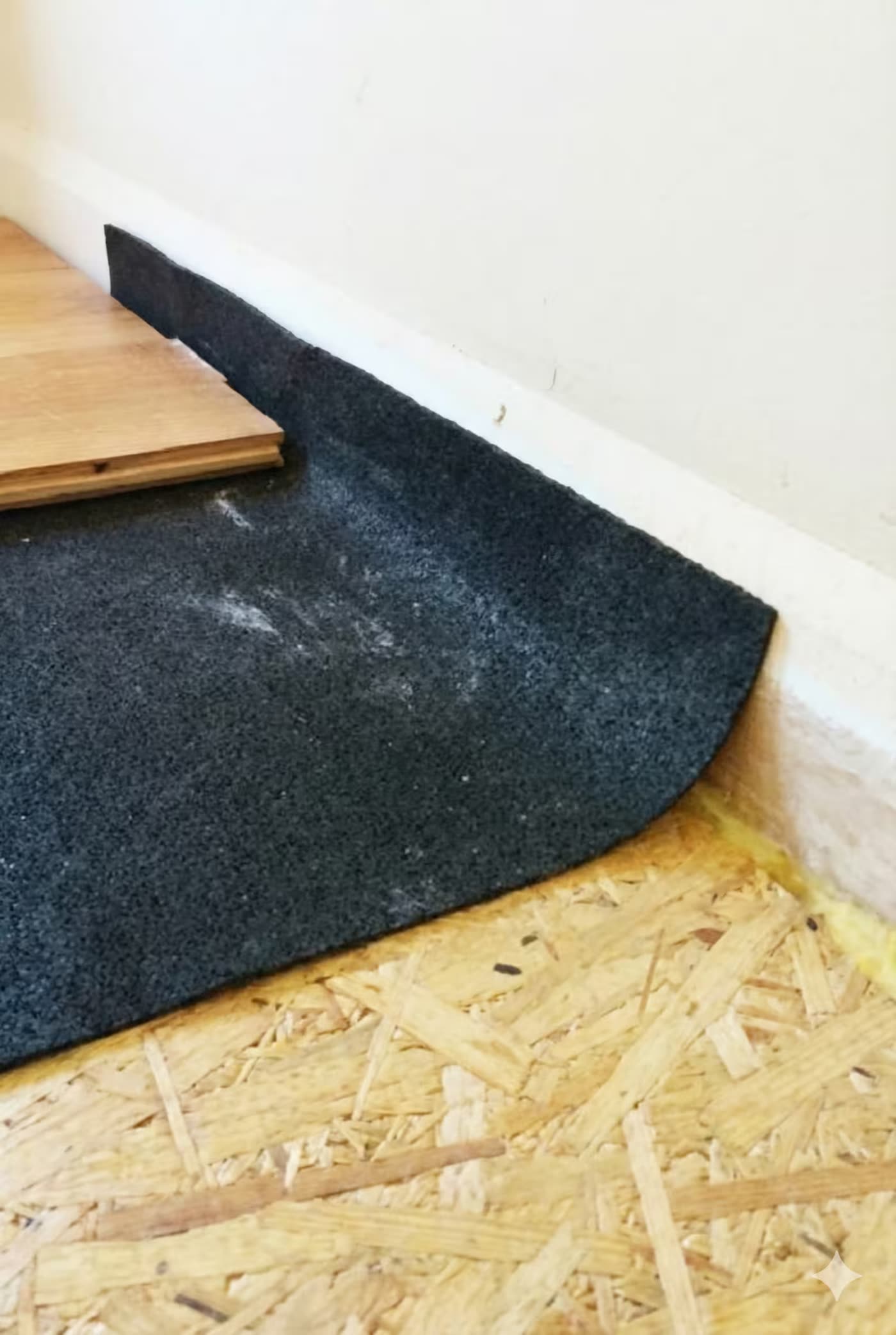 Parke altına siyah keçe/kauçuk ses yalıtım şiltesi döşenmesi, uygulama detayı