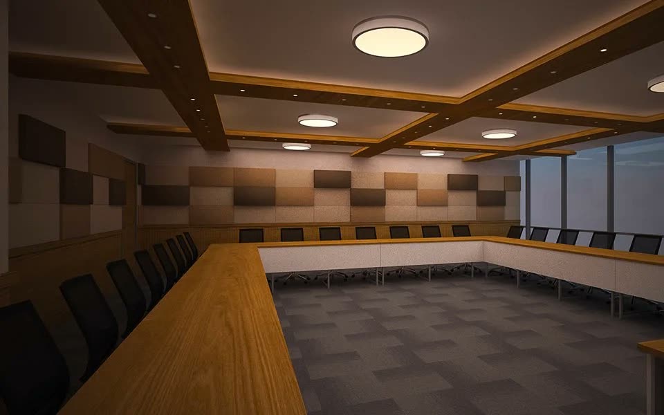 Ahşap tavan detaylı, duvarlarında desenli akustik panel bulunan toplantı odası render'ı